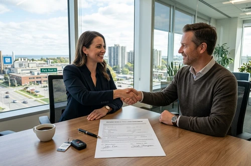 DriveWise lending specialist reviewing a car loan application with a client in a bright modern office